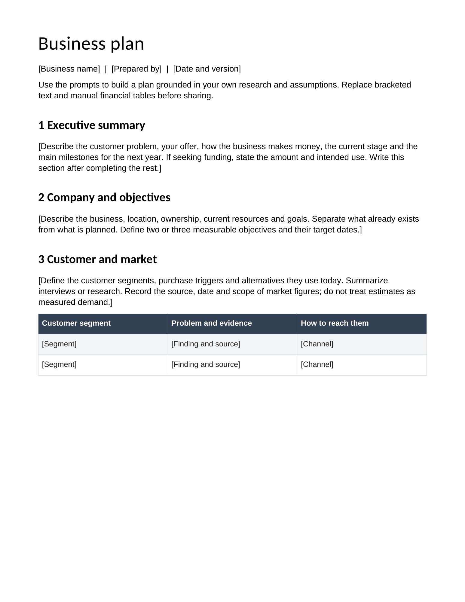 First page of the downloadable Business Plan Template