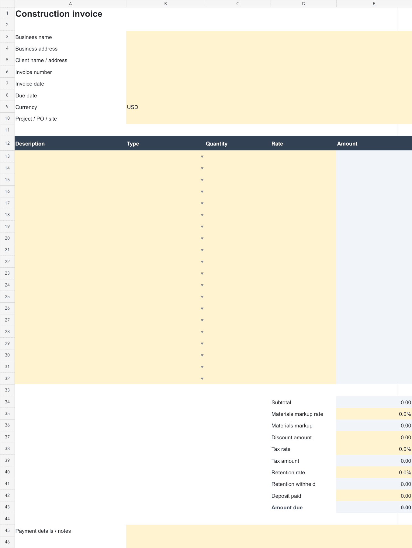 Top of the first worksheet of the downloadable Construction Invoice Template