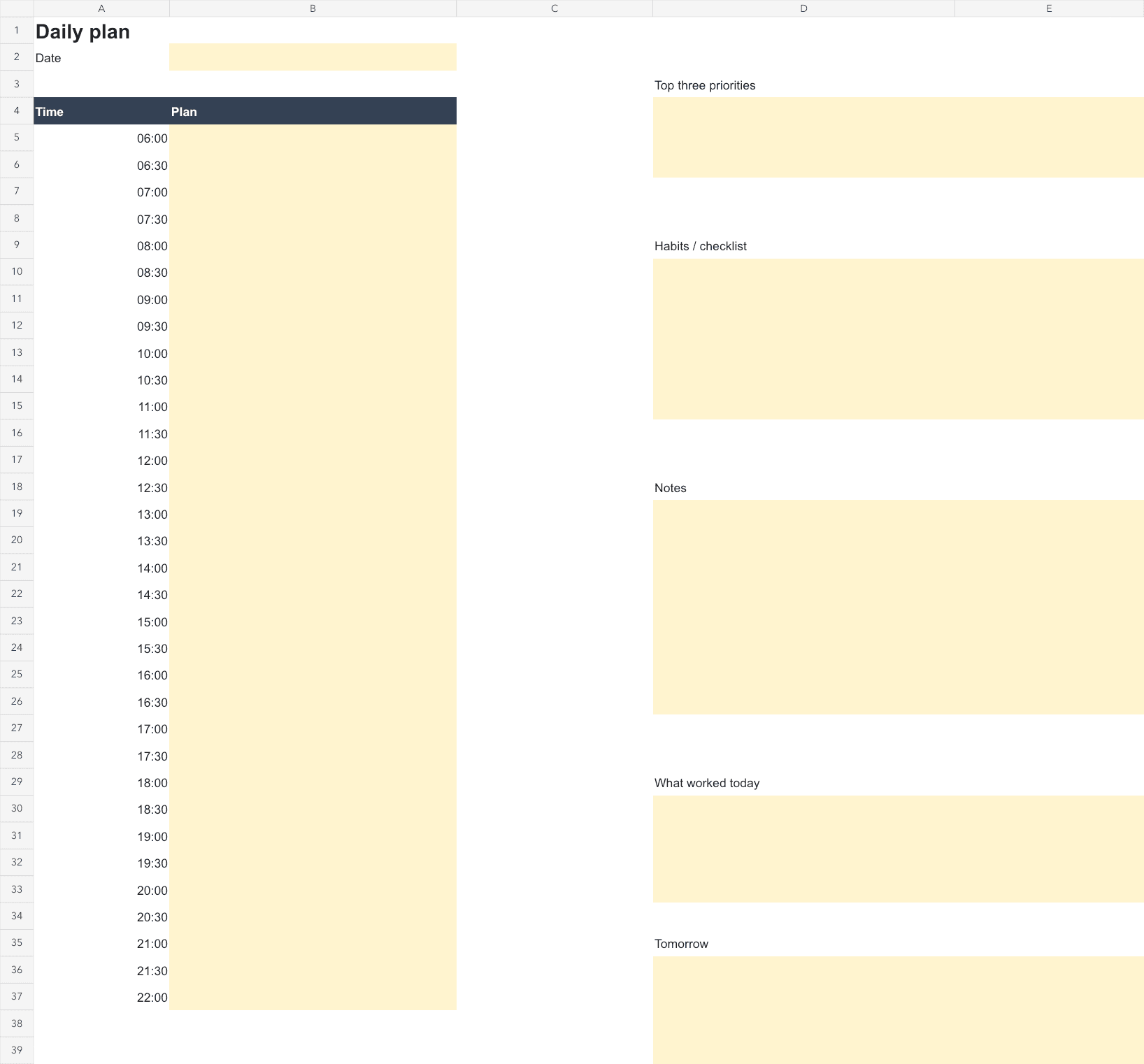 Top of the first worksheet of the downloadable Daily Planner Template