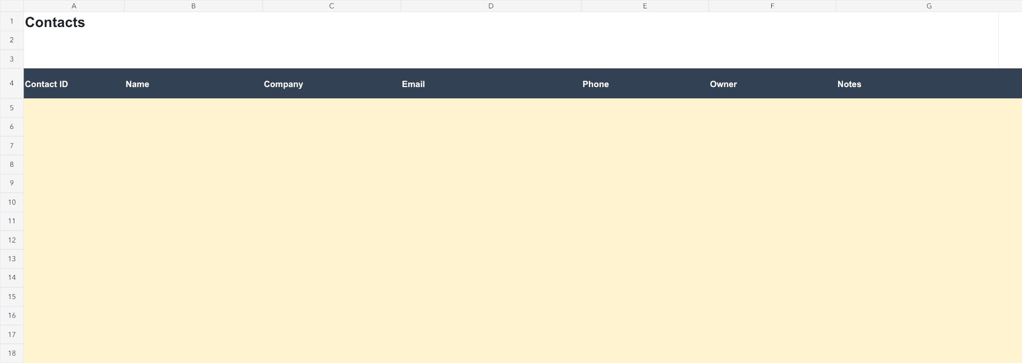 Top of the first worksheet of the downloadable CRM Template — Excel & Google Sheets