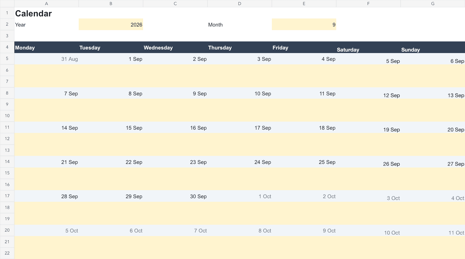 Top of the first worksheet of the downloadable Google Sheets Calendar Template