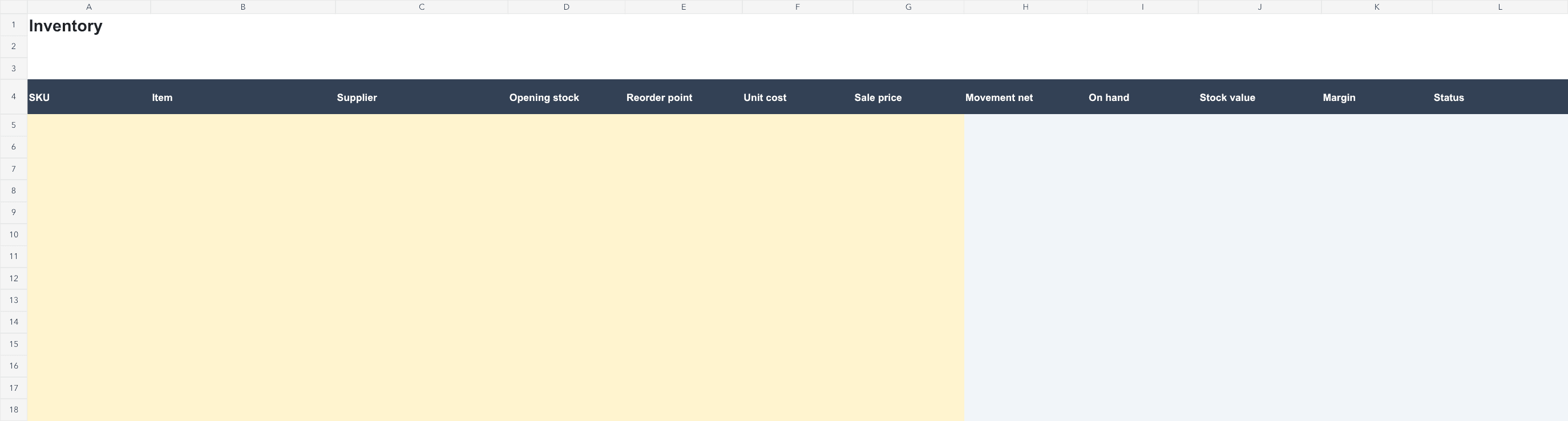 Top of the first worksheet of the downloadable Google Sheets Inventory Template