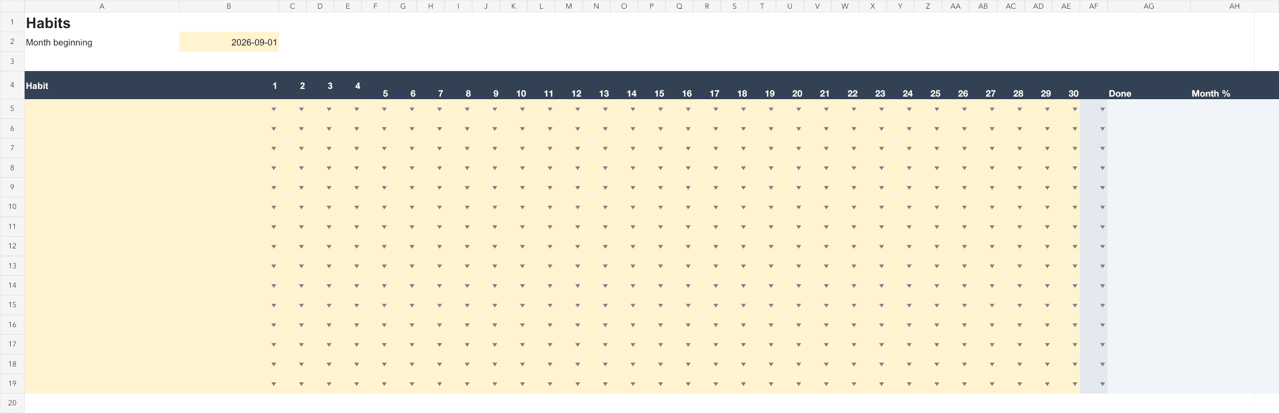 Top of the first worksheet of the downloadable Habit Tracker Template (Google Sheets)