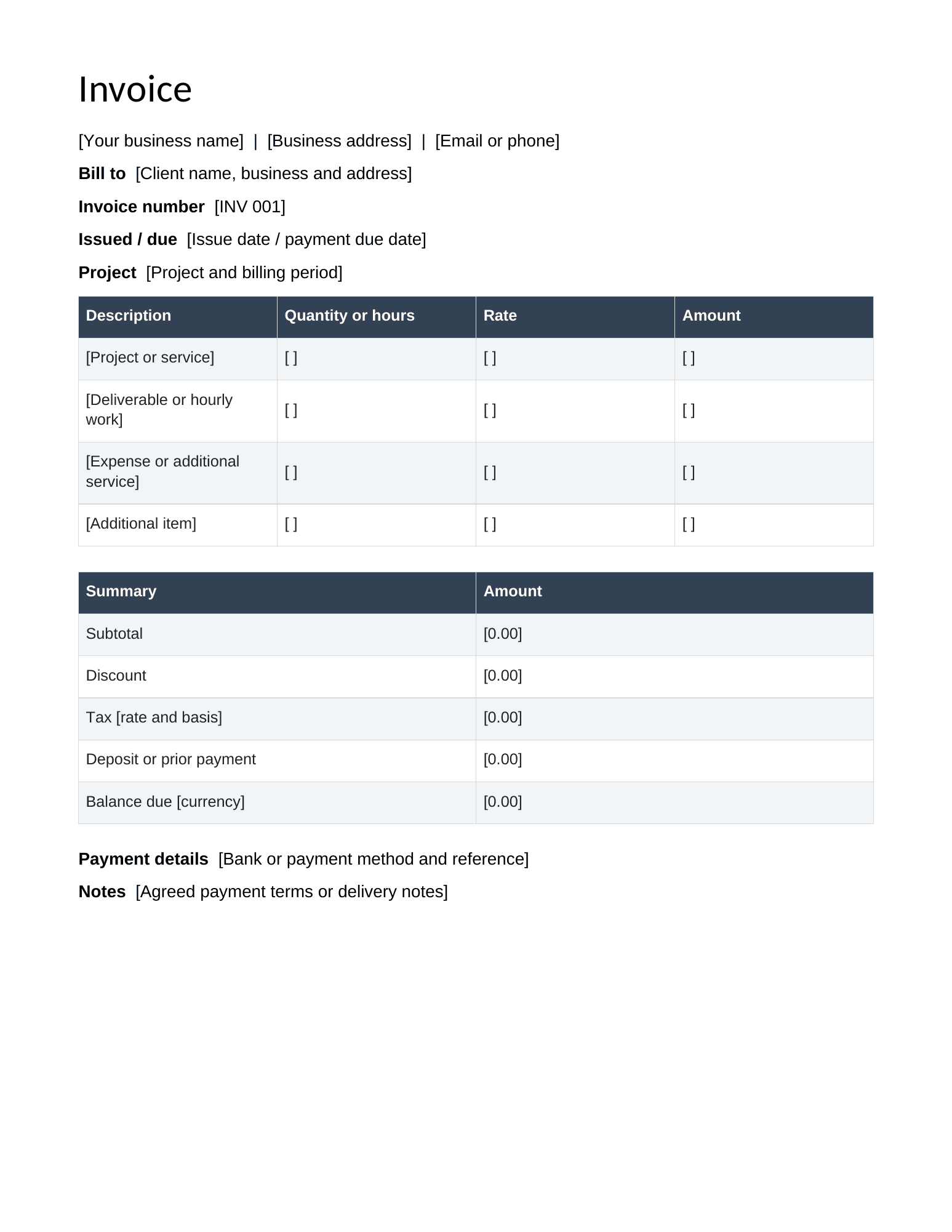 First page of the downloadable Invoice Template — Google Docs