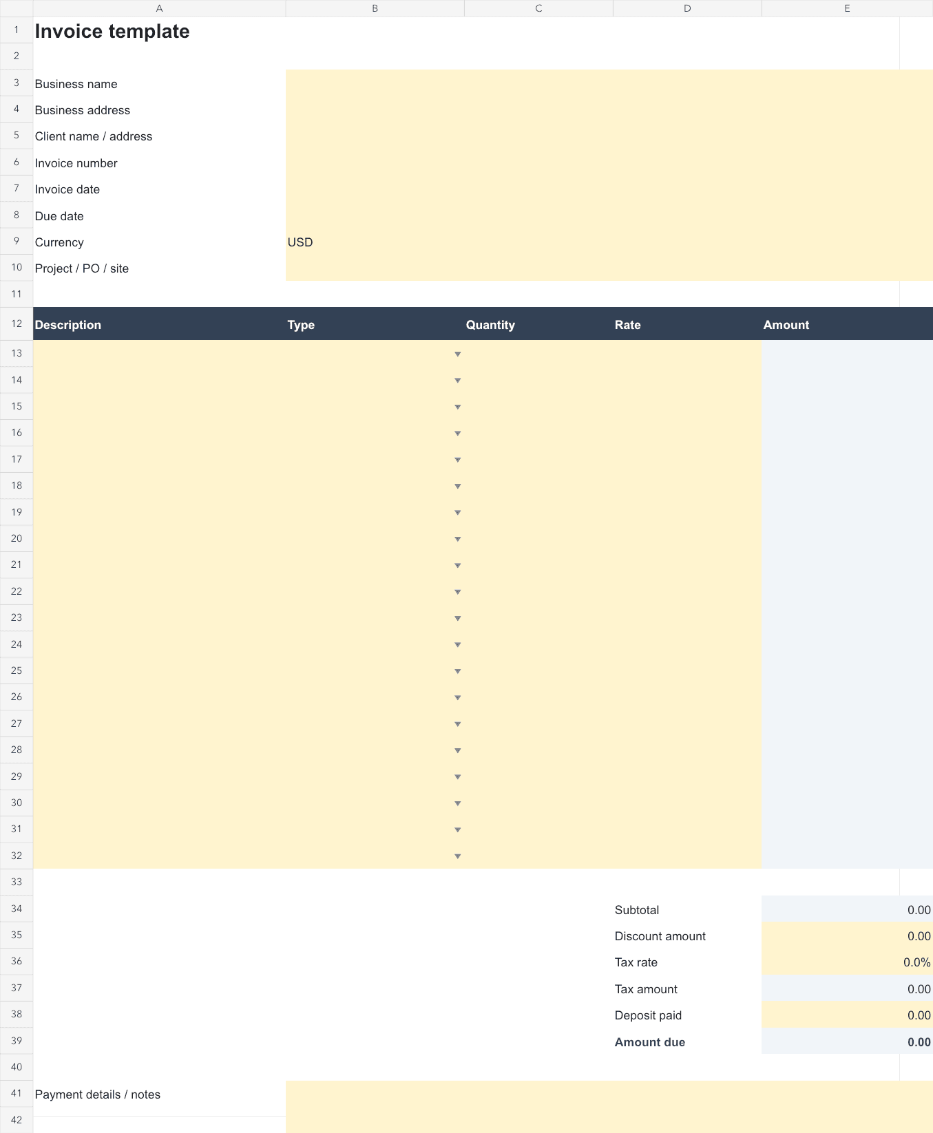 Top of the first worksheet of the downloadable Invoice Template — Google Sheets