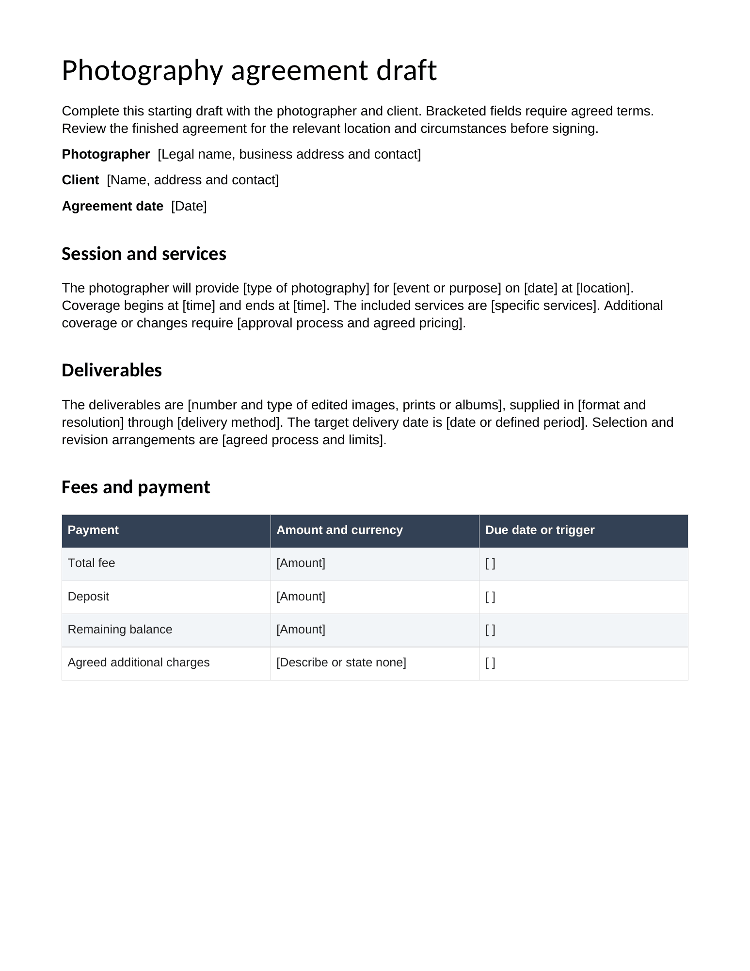 First page of the downloadable Photography Contract Template