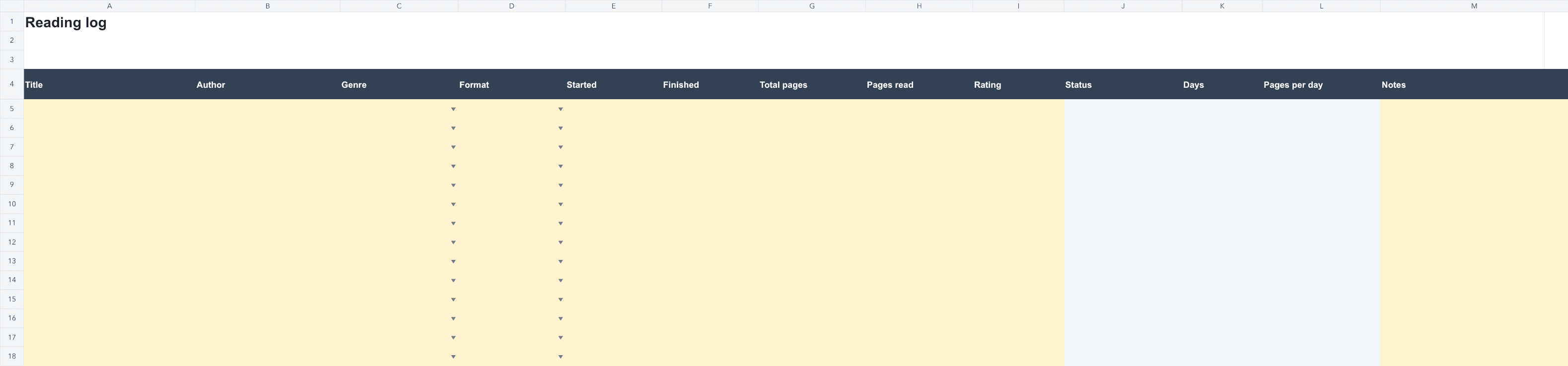 Top of the first worksheet of the downloadable Book & Reading Tracker Template