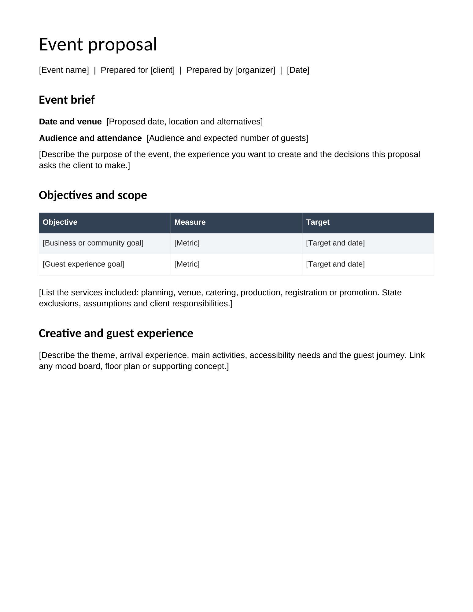 First page of the downloadable Event Proposal Template