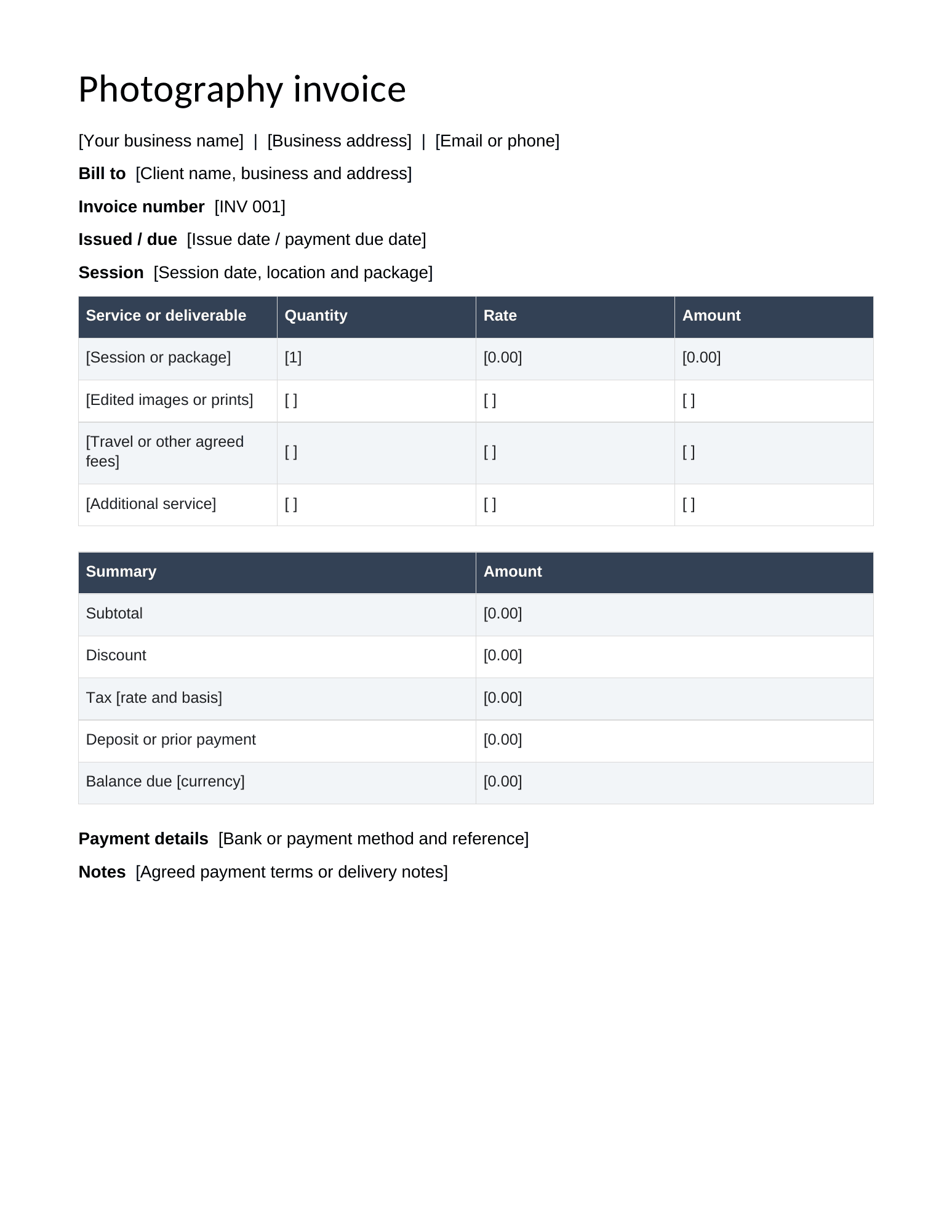 First page of the downloadable Photography Invoice Template