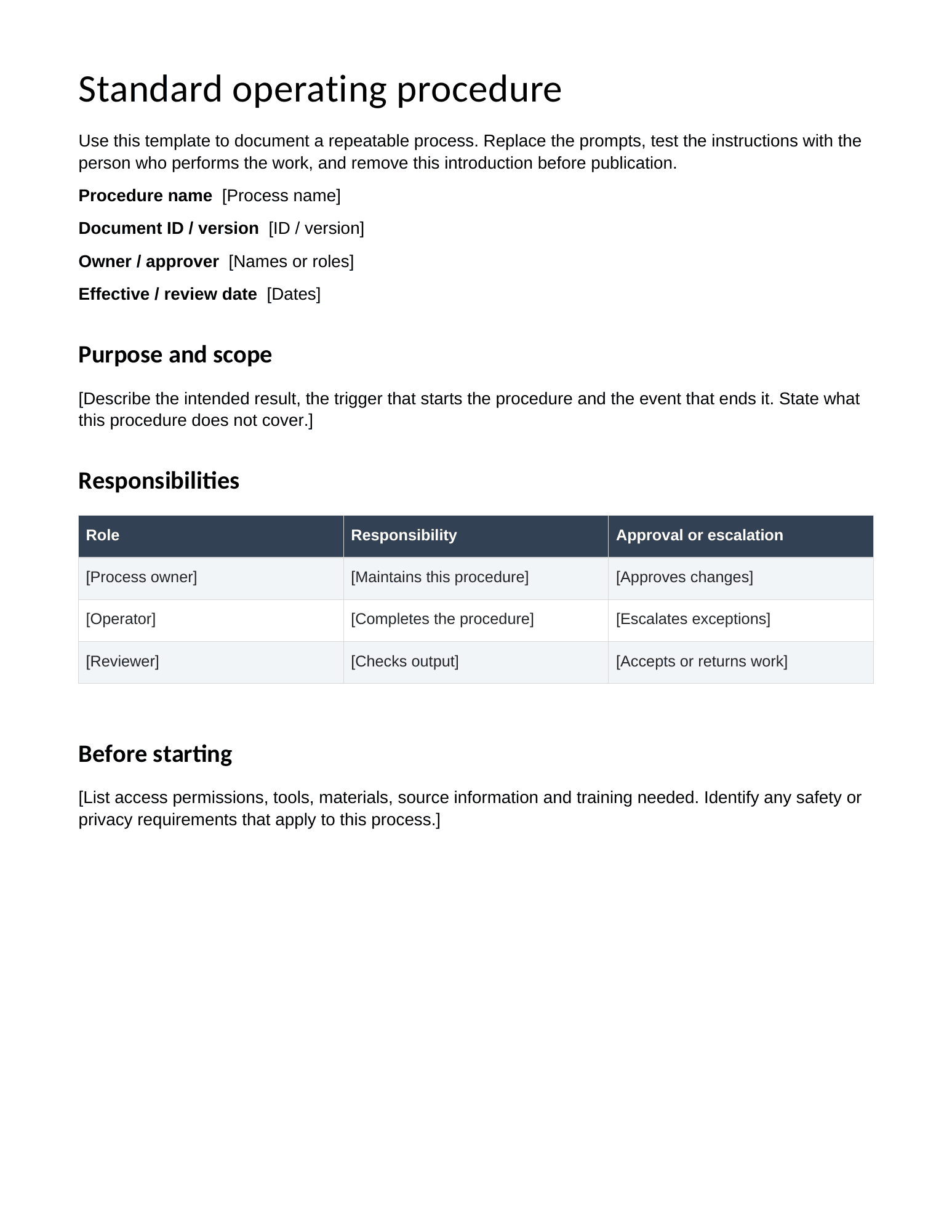 First page of the downloadable SOP Template (Standard Operating Procedure)